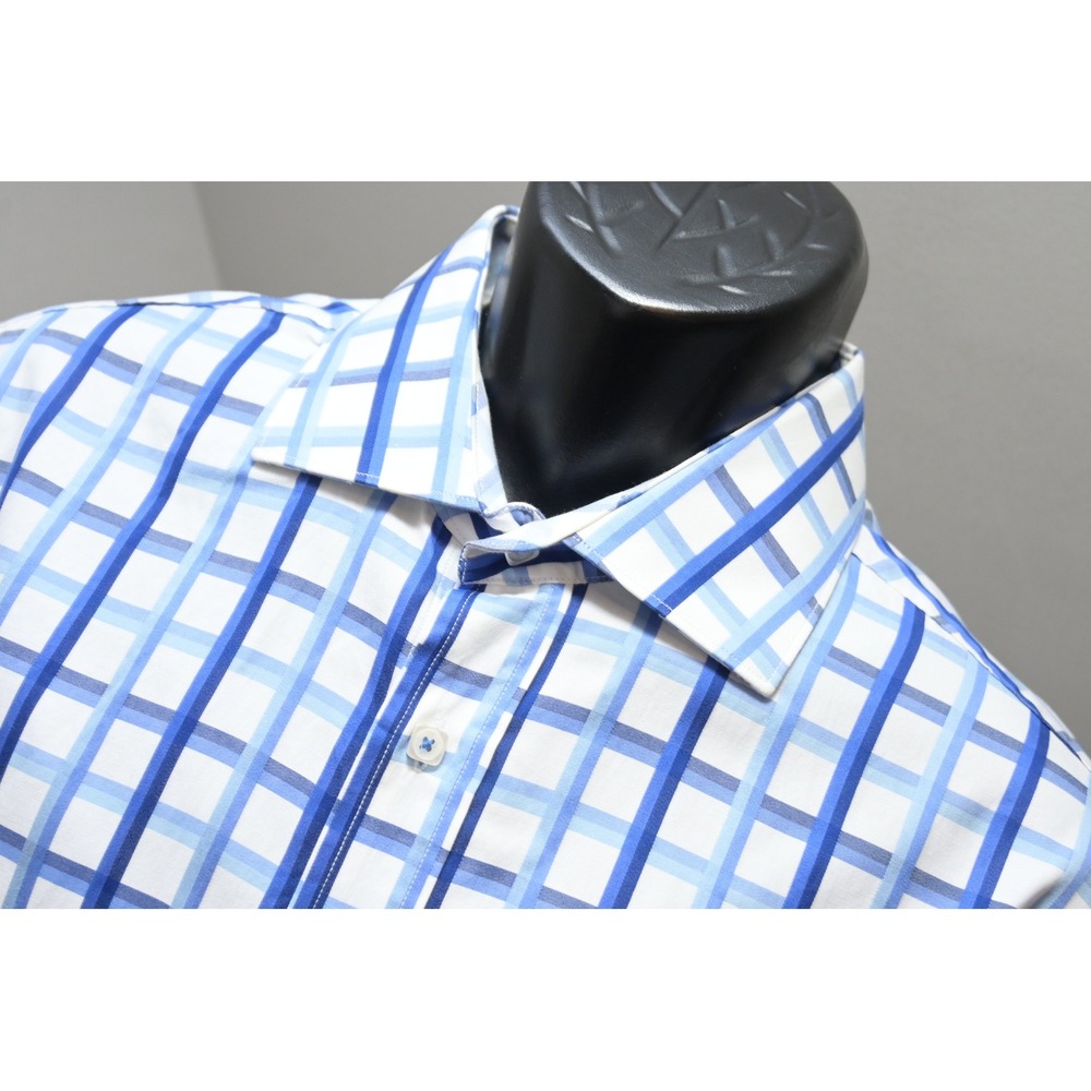 Bugatchi Button Down Shirt Mens XL 17 36/37 Blue White Plaid Shaped Fit EUC
